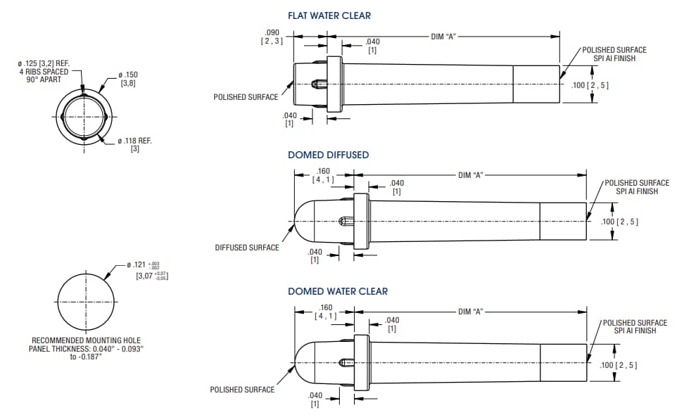 Mechanical Drawing - Dialight 515 Reverse Mount Optopipe® Light Pipes